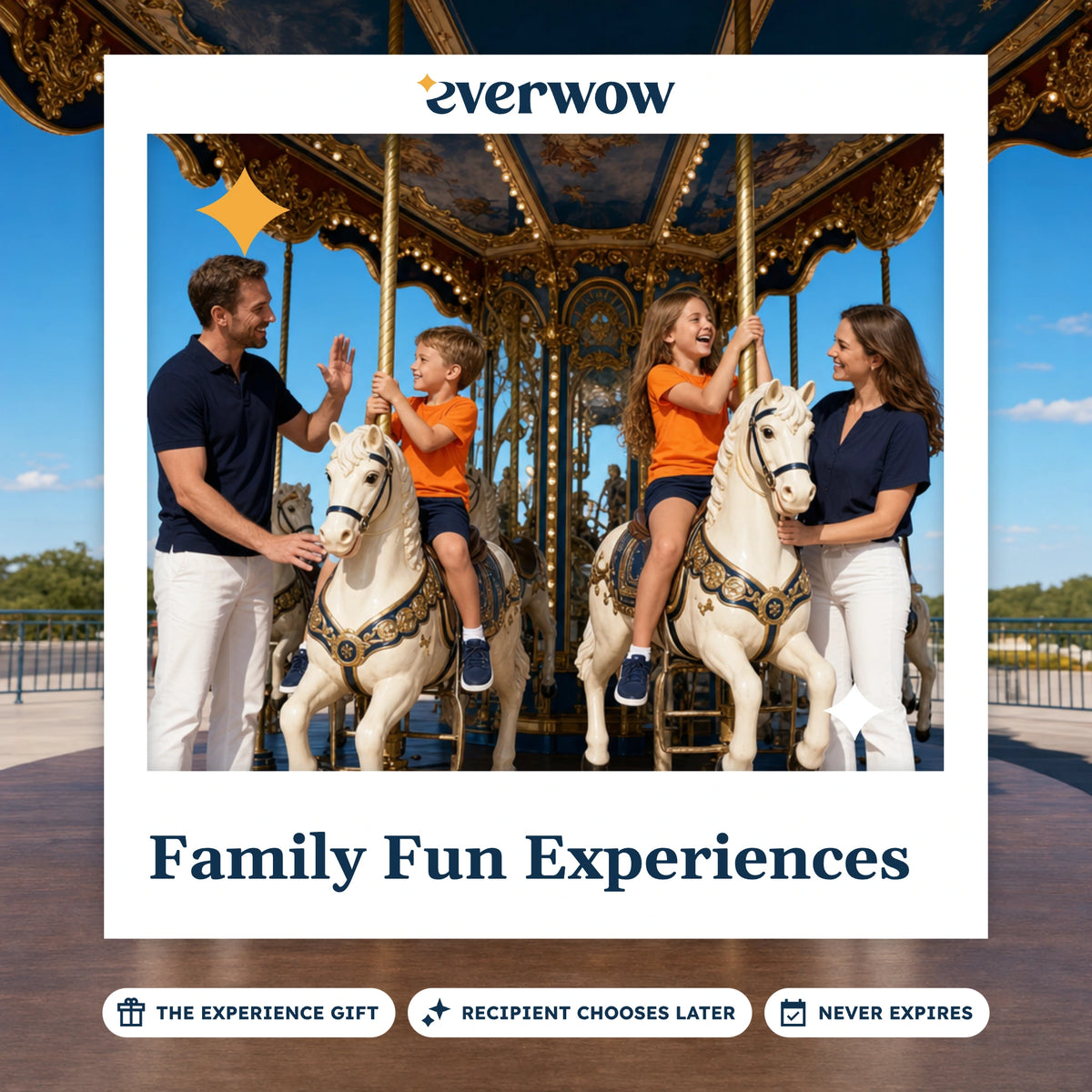 Everwow Family Fun Experiences experience gift photo in a frame, kids on a sunlit carousel