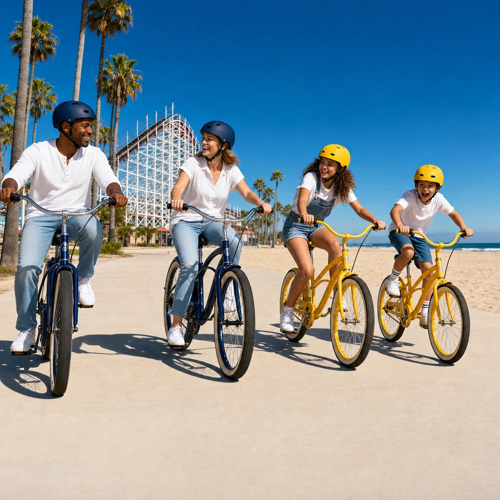 Family riding beach cruiser bikes on the Mission Beach boardwalk, Family Fun in San Diego experience gift