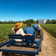 Couple riding a tractor-drawn trailer past crop rows, Farm & Plantation Tours experience gift