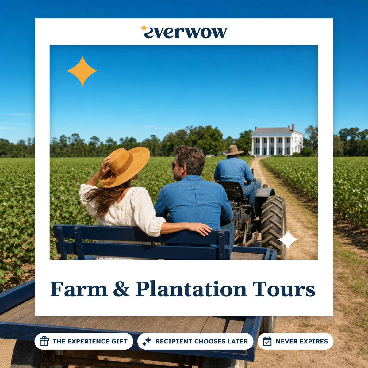 Everwow Farm & Plantation Tours experience gift photo in a frame, couple on a farm trailer ride