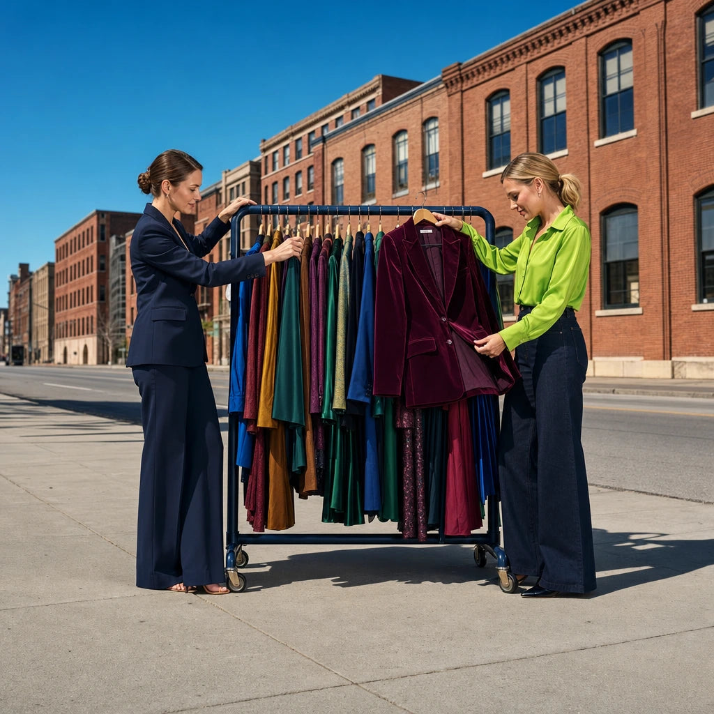 Stylist and client browsing a rack of jewel-toned garments, Fashion District Tour experience gift