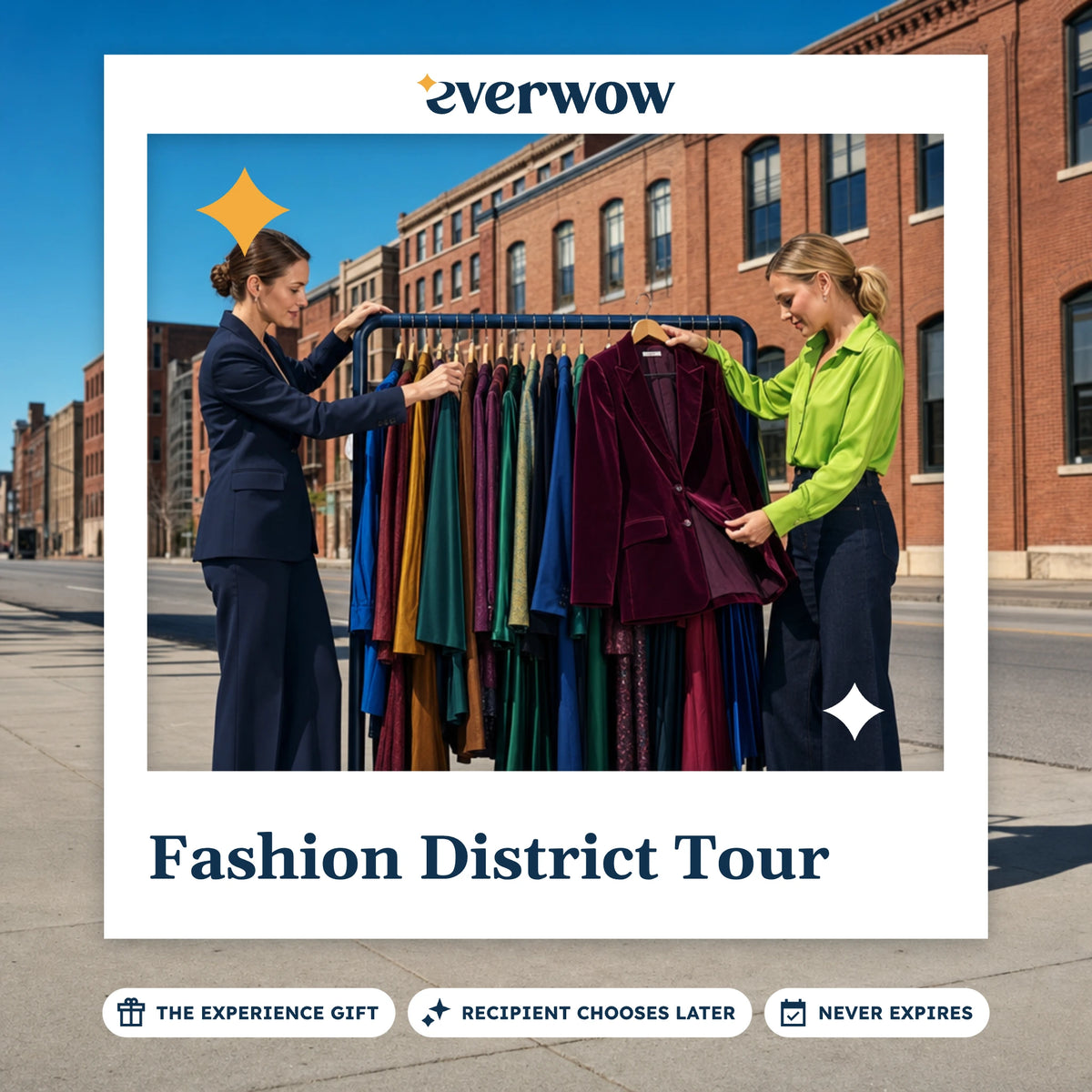 Everwow Fashion District Tour experience gift photo in a frame, browsing a garment rack