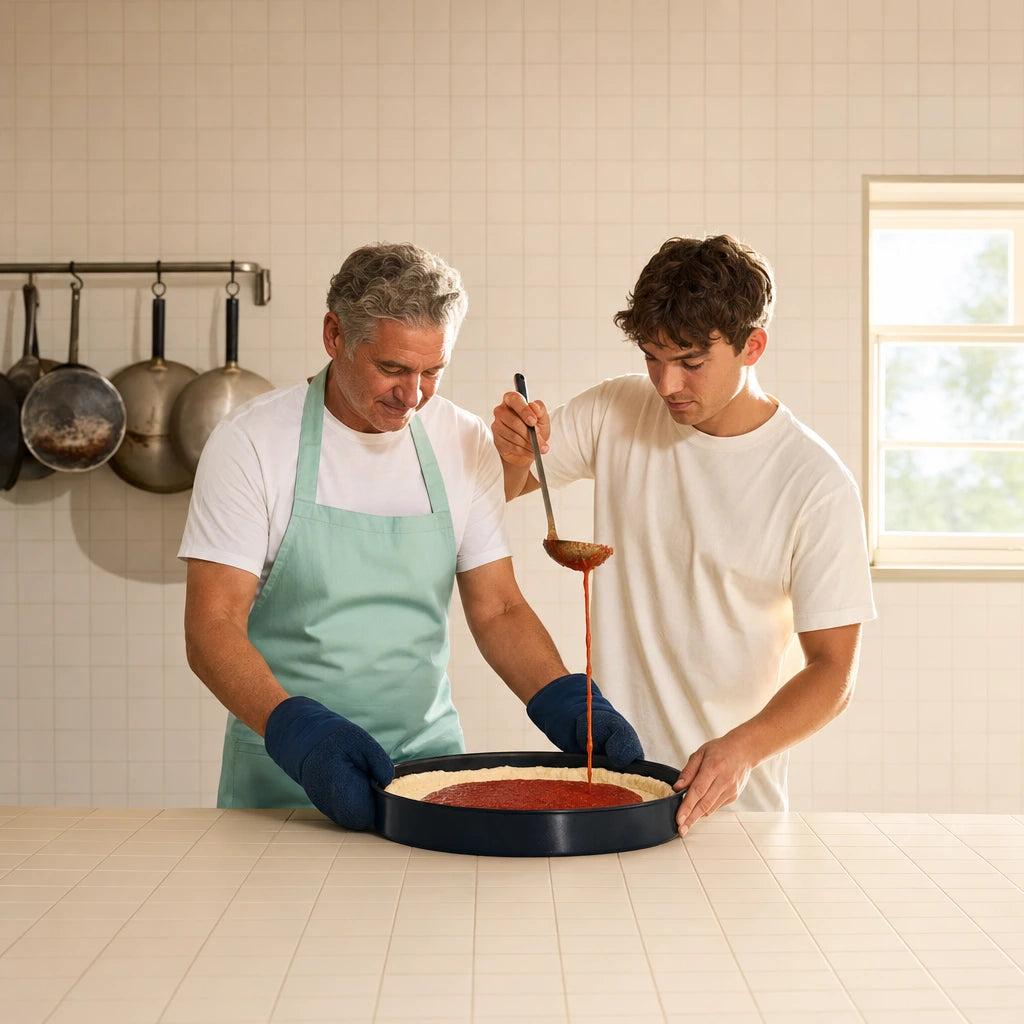 Father and son making deep-dish pizza in a Chicago kitchen, Father's Day in Chicago Experience Collection experience gift