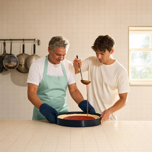 Father and son making deep-dish pizza in a Chicago kitchen, Father's Day in Chicago Experience Collection experience gift