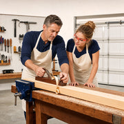 Father and grown daughter woodworking in a garage workshop, Father's Day in Houston Experience Collection experience gift