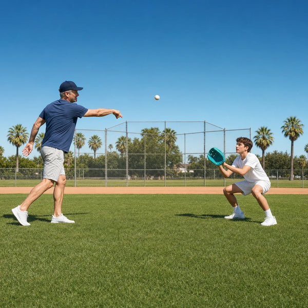 Father and son playing catch on a neighborhood ballfield, Father's Day in Los Angeles Experience Collection experience gift