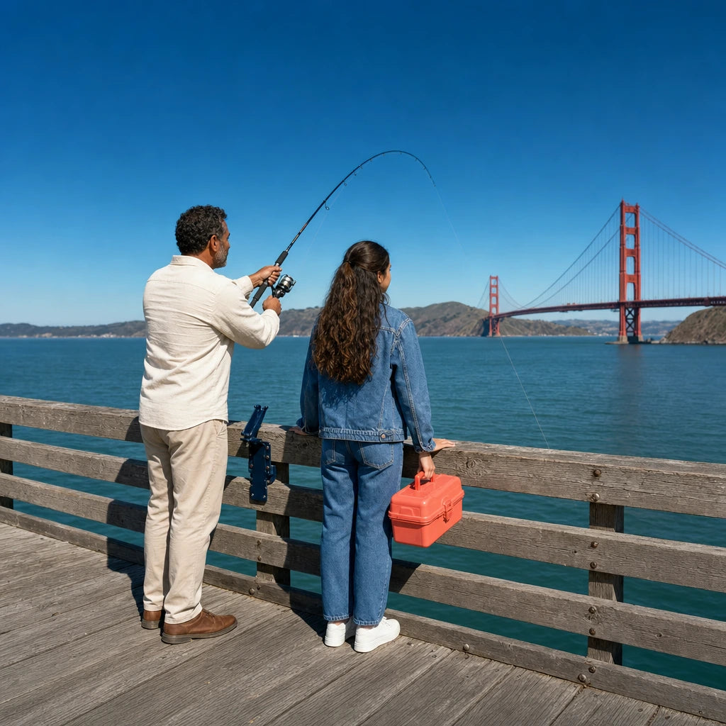 Father and daughter fishing off a San Francisco pier, Father's Day in San Francisco Experience Collection experience gift