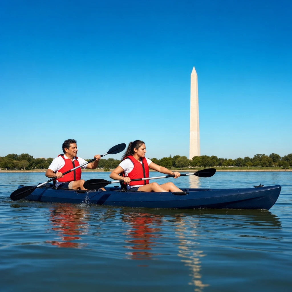 Father and daughter paddling a tandem kayak on the Potomac, Father's Day in Washington DC Experiences experience gift