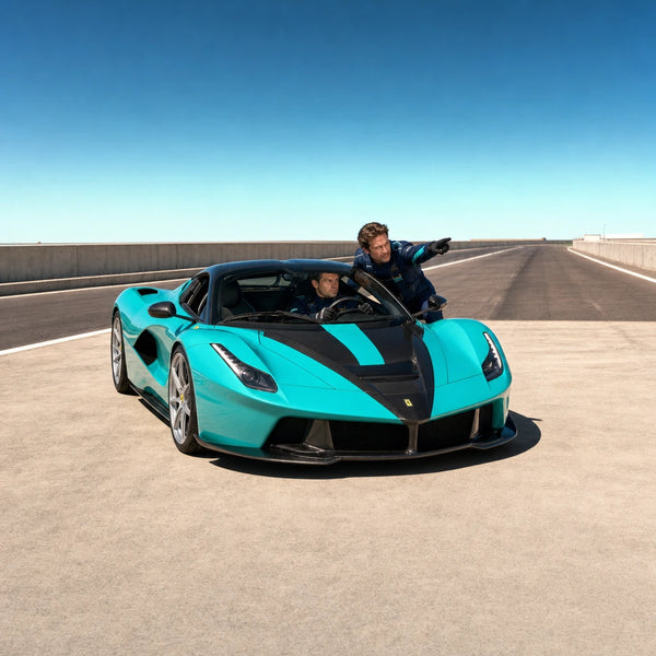Student at the wheel of a sports car as an instructor points down the track, Ferrari Driving experience gift