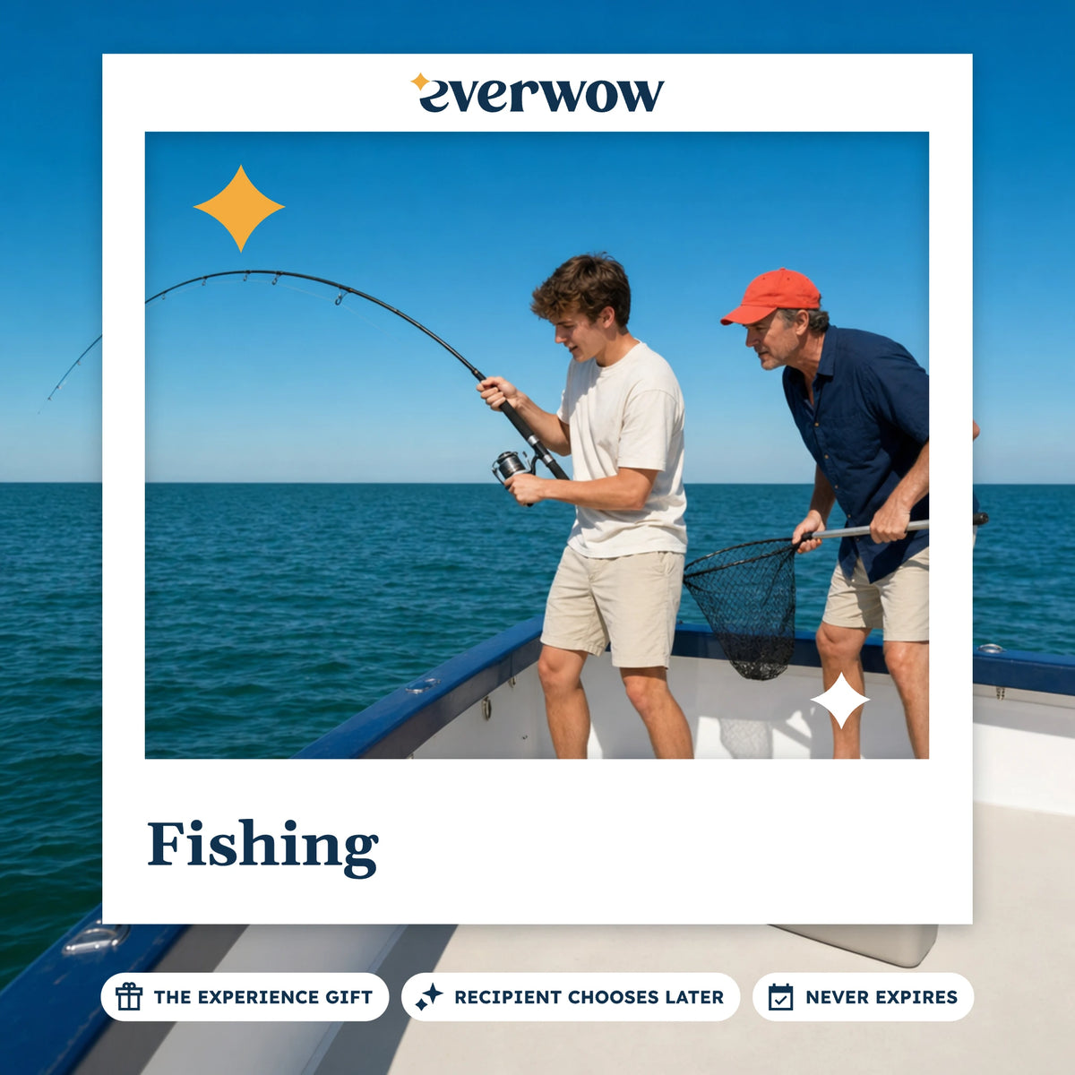 Everwow Fishing experience gift photo in a frame, father and son reeling in a catch