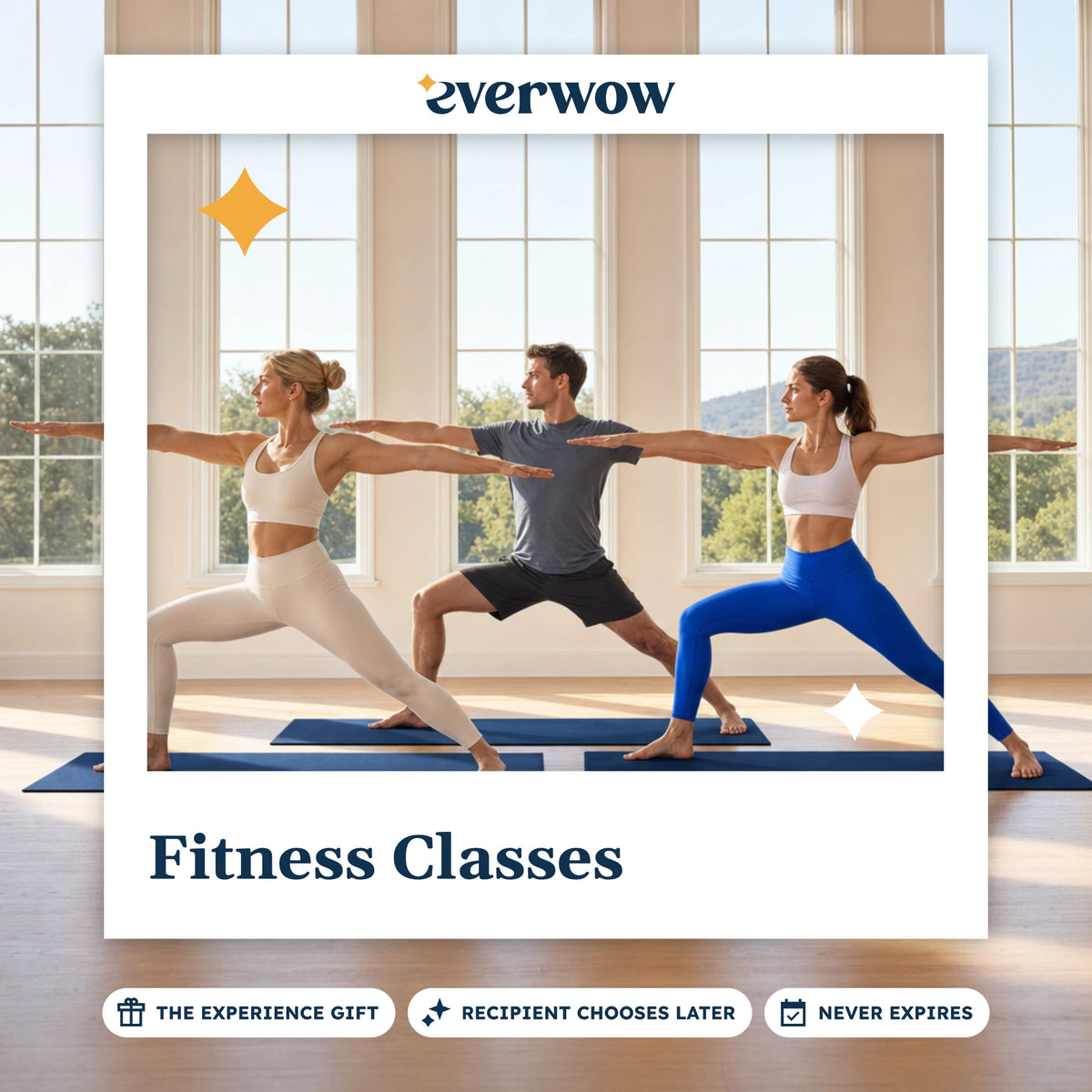 Everwow Fitness Classes experience gift photo in a frame, yoga poses in a studio