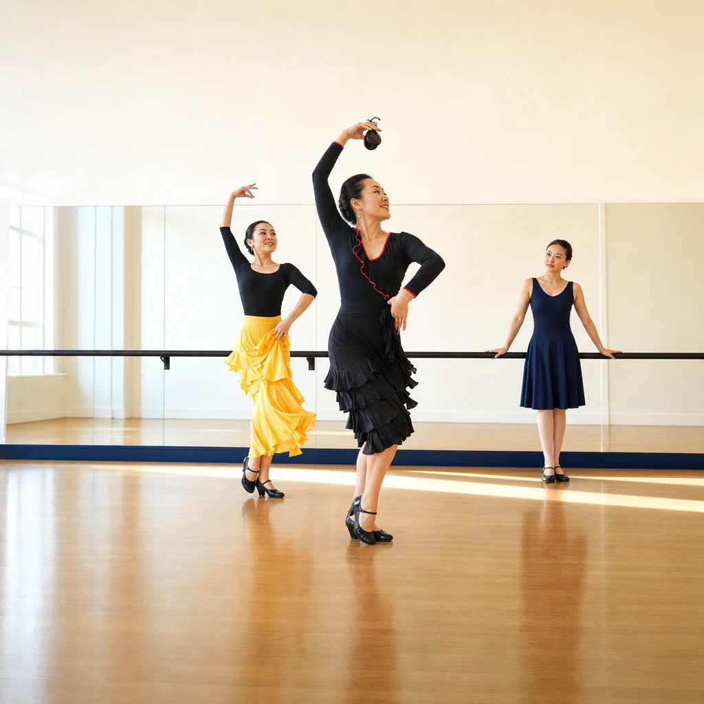 Flamenco instructor and student practicing a turn in a sunlit studio, Flamenco Class experience gift