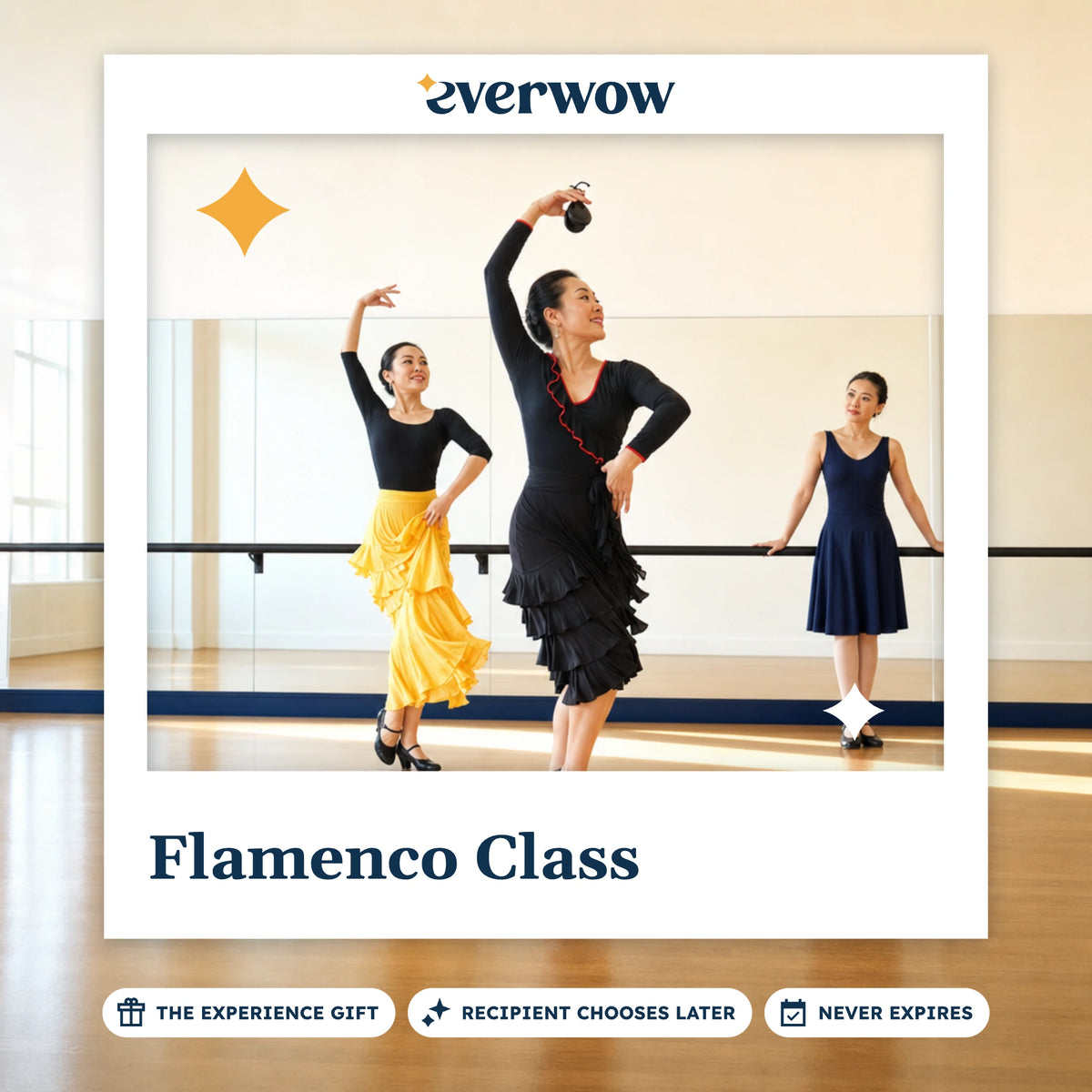 Everwow Flamenco Class experience gift photo in a frame, dancers in a flamenco studio