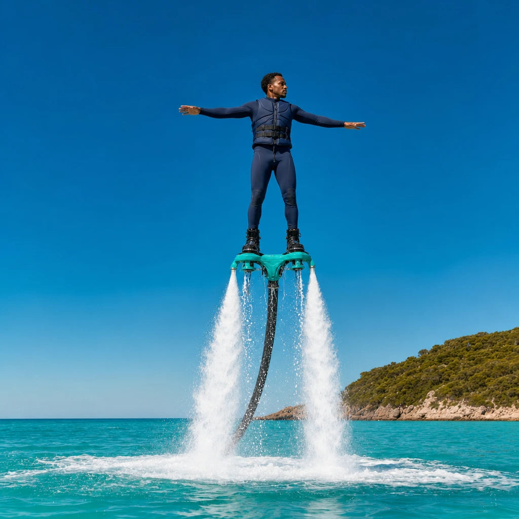 Rider hovering on a flyboard above a turquoise bay with twin water jets, Flyboarding experience gift