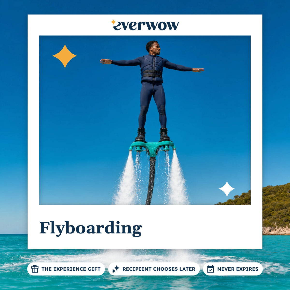 Everwow Flyboarding experience gift photo in a frame, flyboard rider over the bay