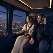 Couple in a helicopter cabin viewing a glittering city skyline at dusk, Helicopter Views experience gift