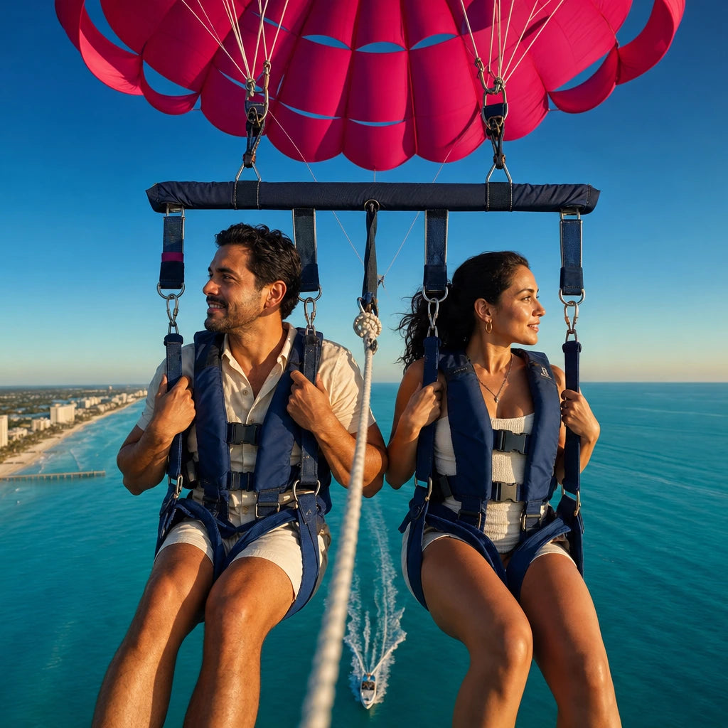 Couple parasailing under a magenta canopy above a turquoise sea, Parasailing experience gift