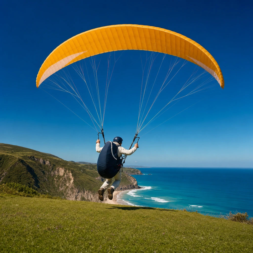 Paraglider pilot launching off a coastal bluff above a turquoise sea, Sky High experience gift
