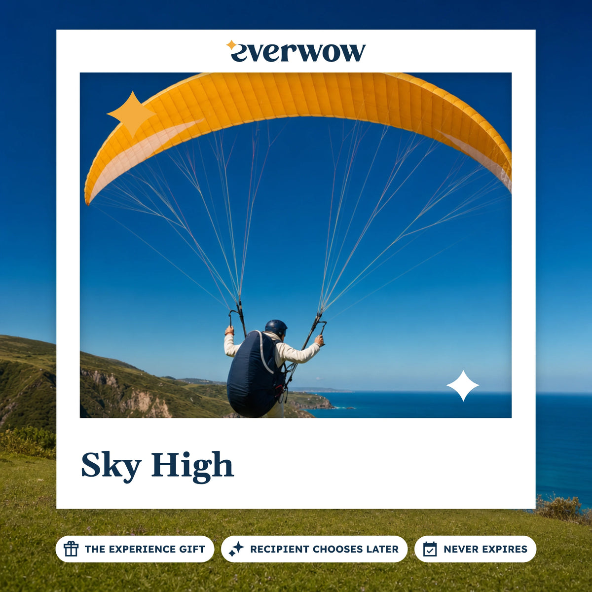 Everwow Sky High experience gift photo in a frame, paraglider launching off a bluff