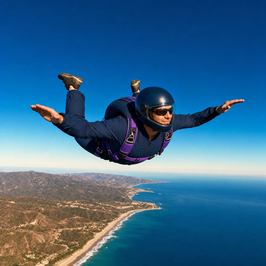 Skydiver in stable freefall over a coastline at sunset, Skydiving experience gift