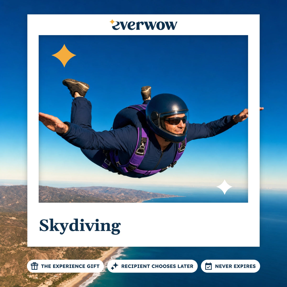 Everwow Skydiving experience gift photo in a frame, freefall over a coastline