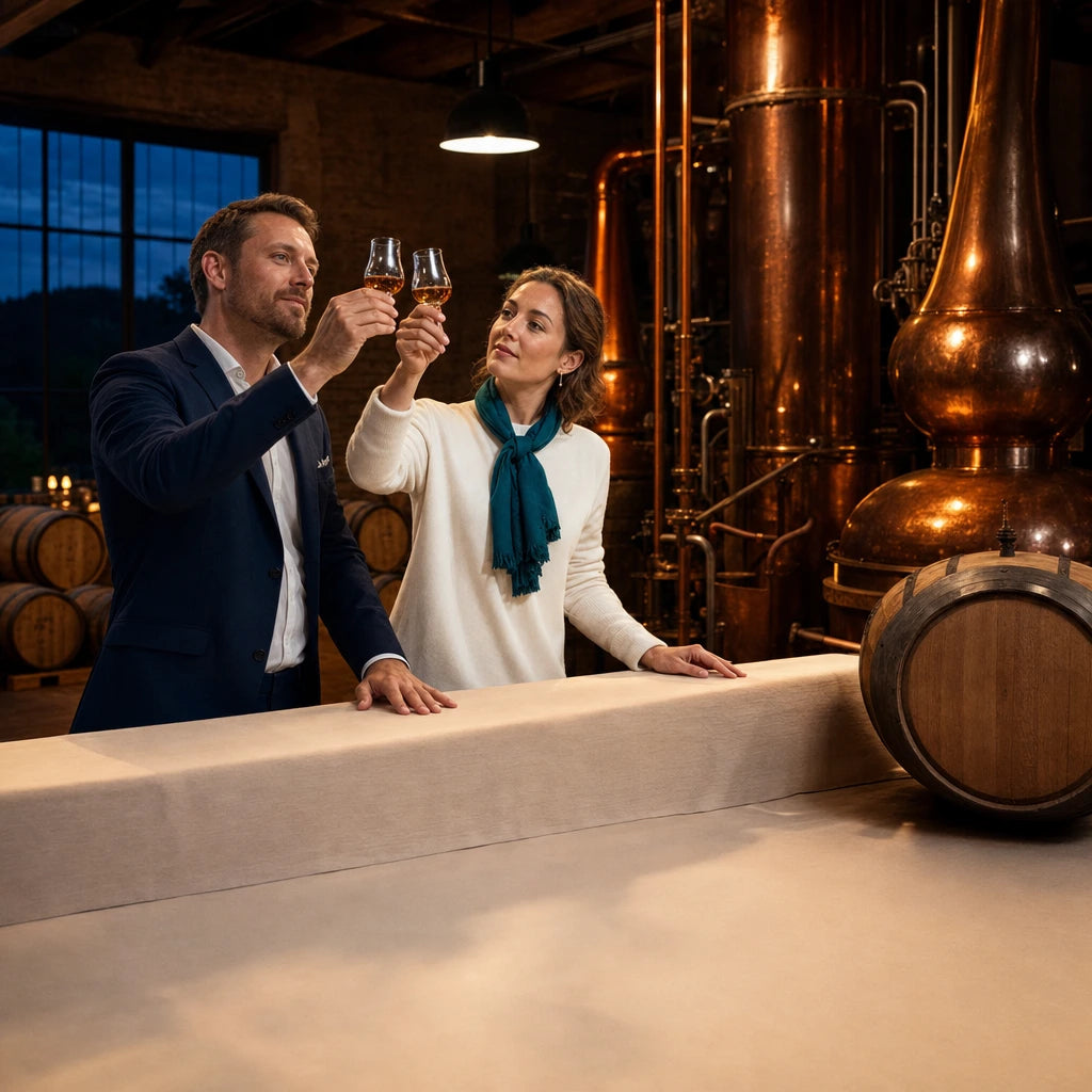 Couple raising amber tasting glasses beside copper stills, Brewery & Distillery Tours experience gift