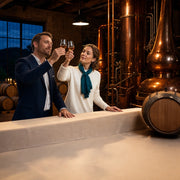 Couple raising amber tasting glasses beside copper stills, Brewery & Distillery Tours experience gift