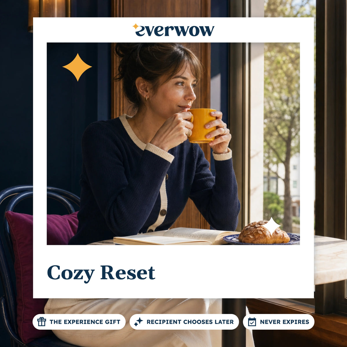 Everwow Cozy Reset experience gift photo in a frame, coffee at a cafe window