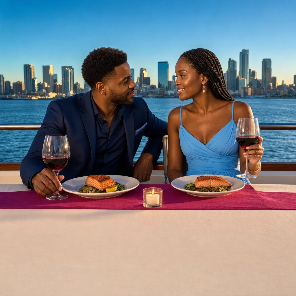 Couple dining on salmon and wine as the skyline slides past, Dinner cruise experience gift