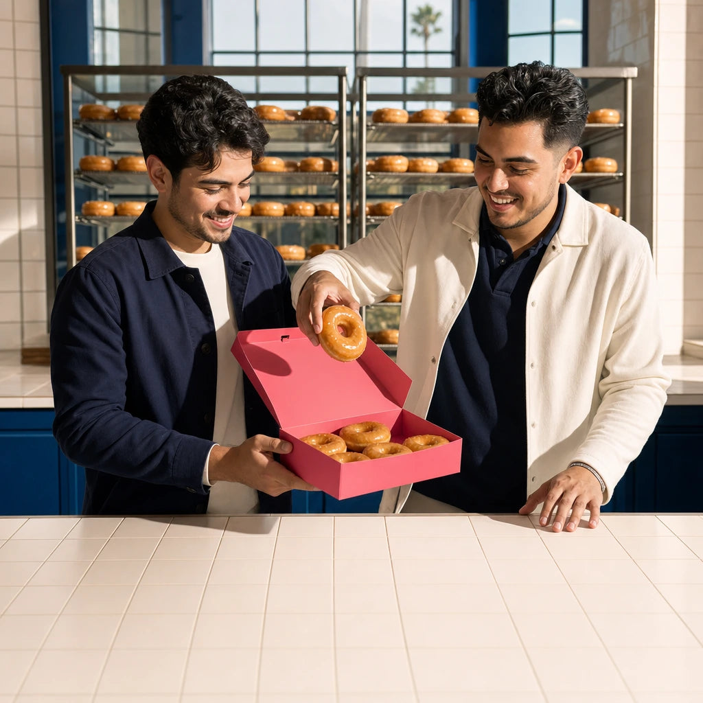 Two friends filling a box from a wall of glazed donuts, Donut tour experience gift