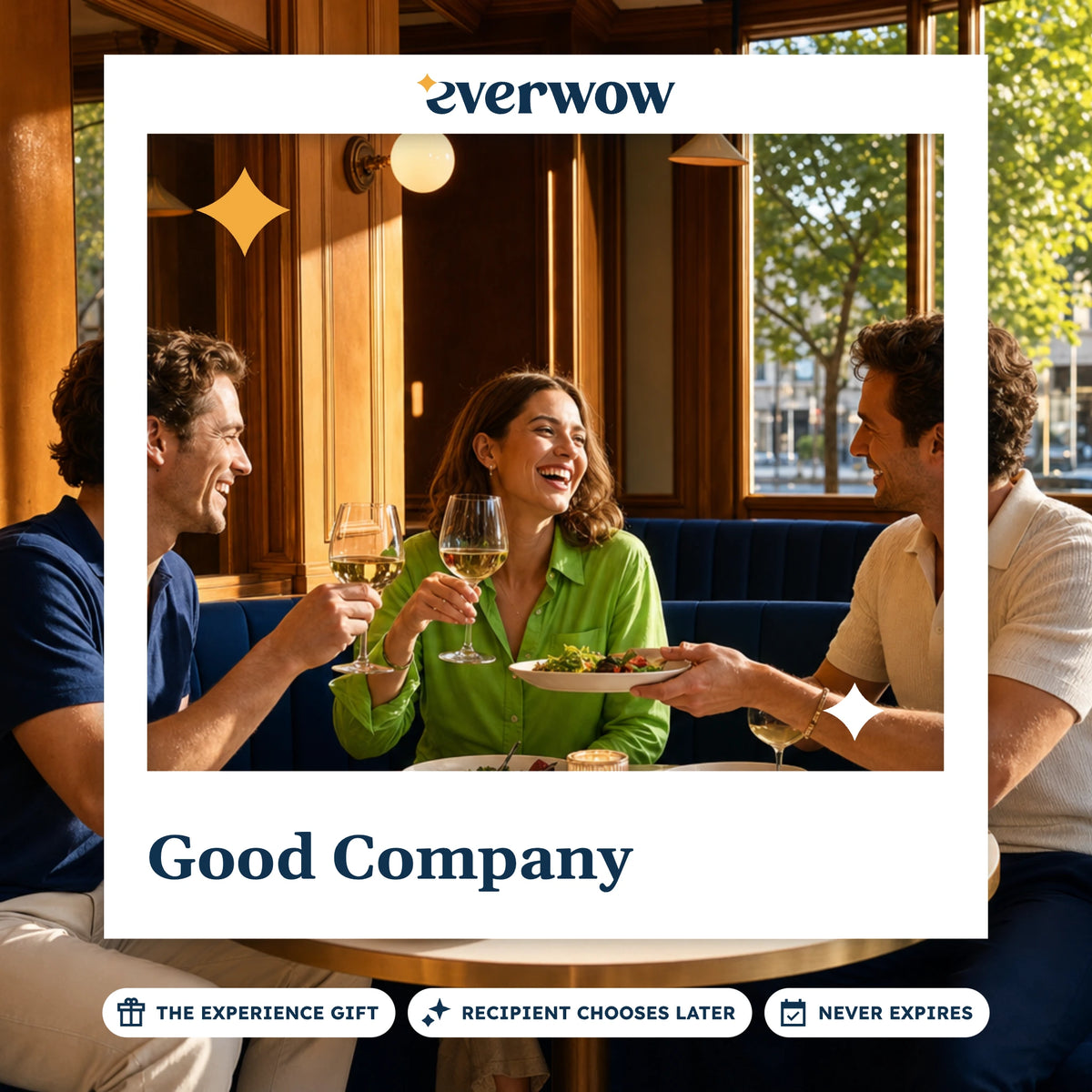 Everwow Good Company experience gift photo in a frame, friends toasting at a bistro