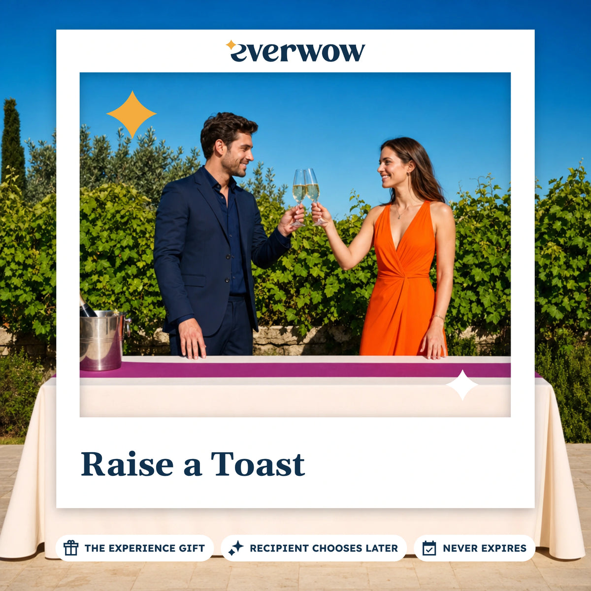 Everwow Raise a Toast experience gift photo in a frame, couple toasting on a terrace