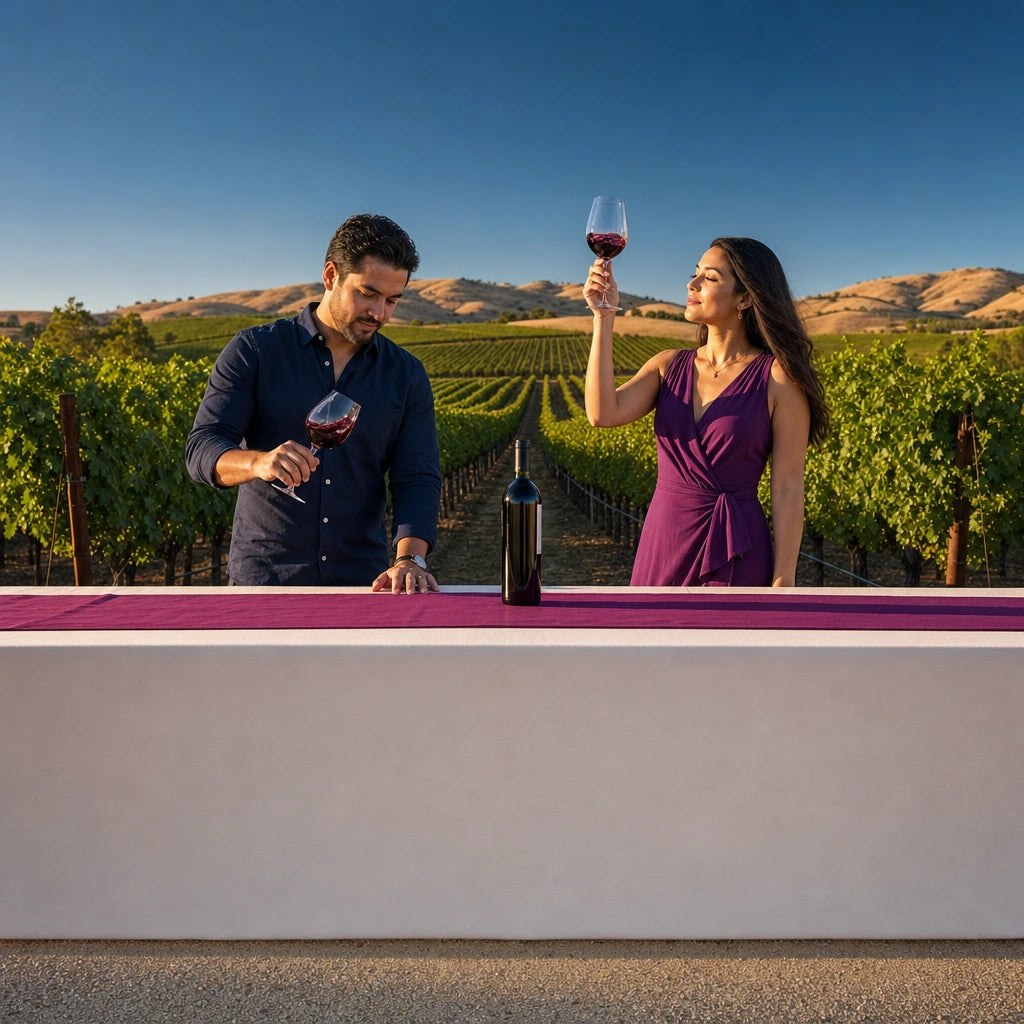 Couple swirling and raising red wine at a vineyard bench at sunset, Wine tasting experience gift