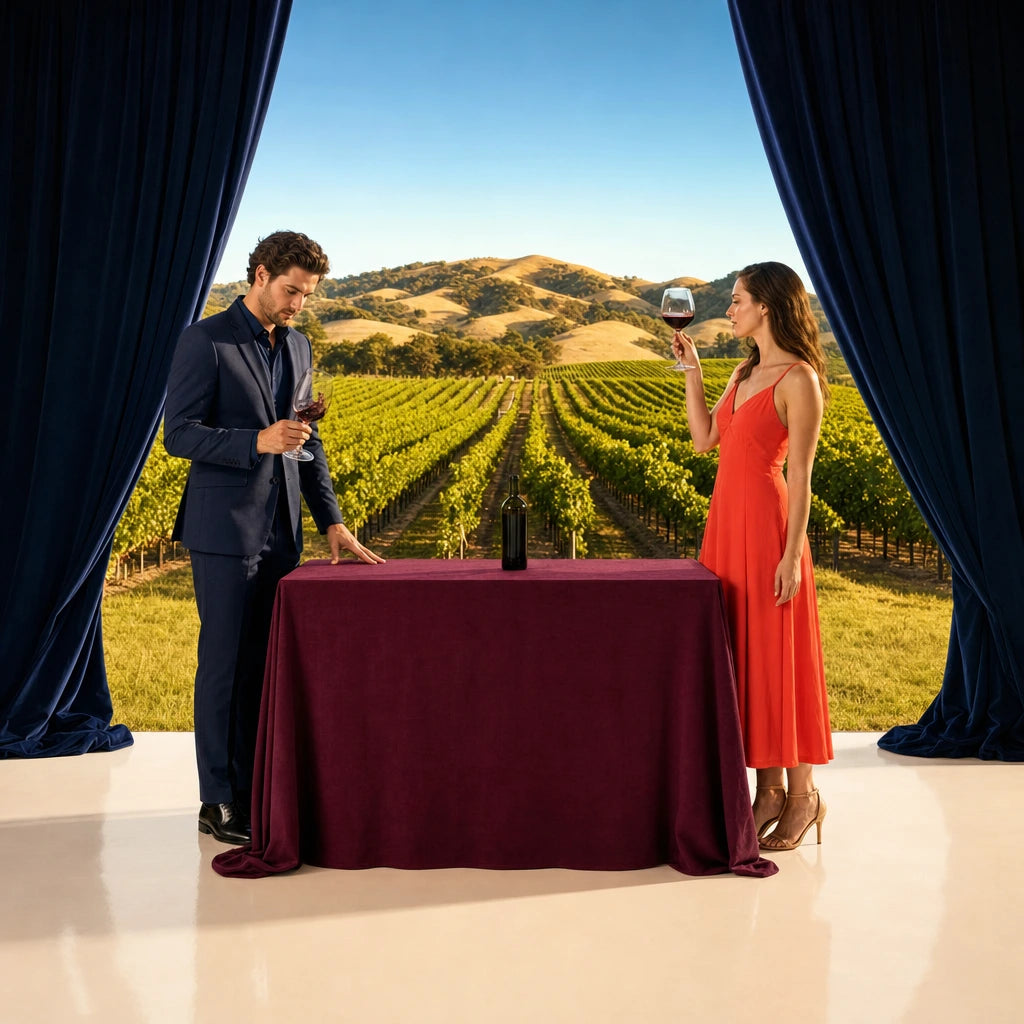 Couple tasting red wine at a table among sunlit vineyard rows, Good Taste experience gift
