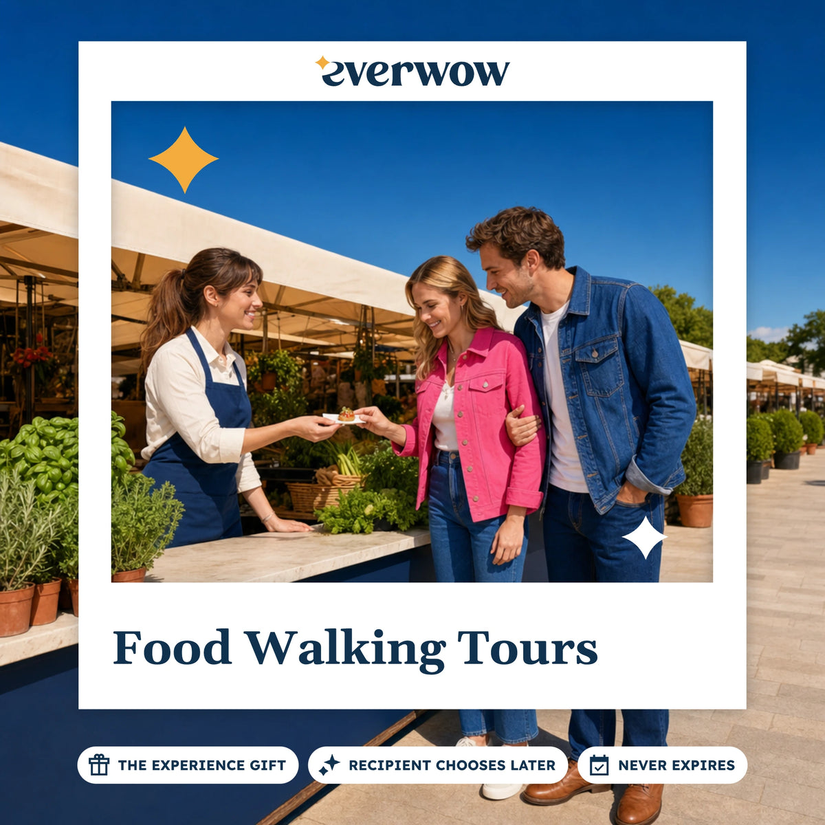 Everwow Food Walking Tours experience gift photo in a frame, tasting a sample at a market