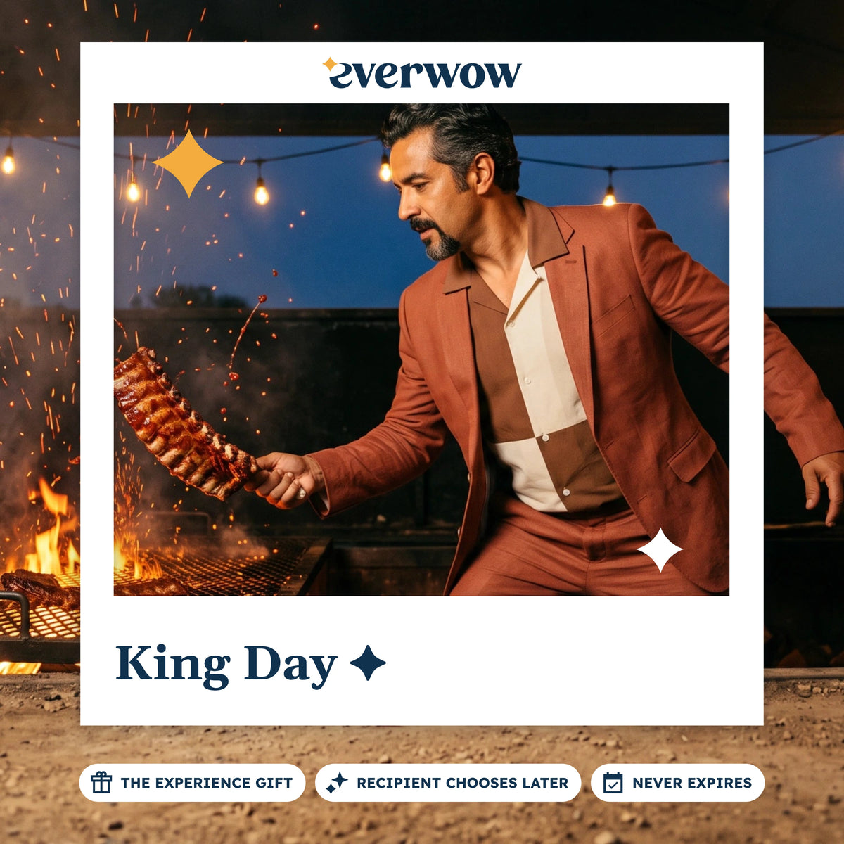 Everwow King Day experience gift card: man lifting ribs off a flaming grill