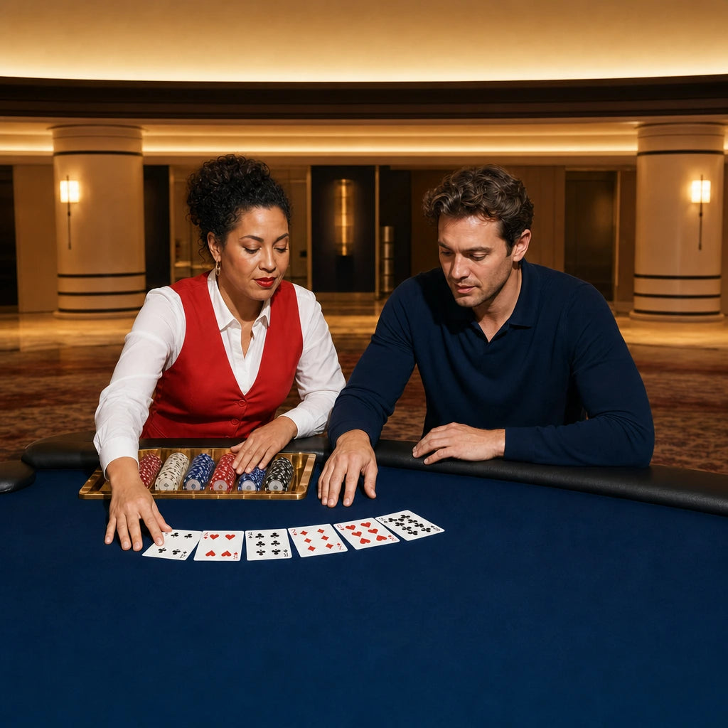 Dealer fanning cards for a first-timer at a felt casino table, Gaming Lesson experience gift