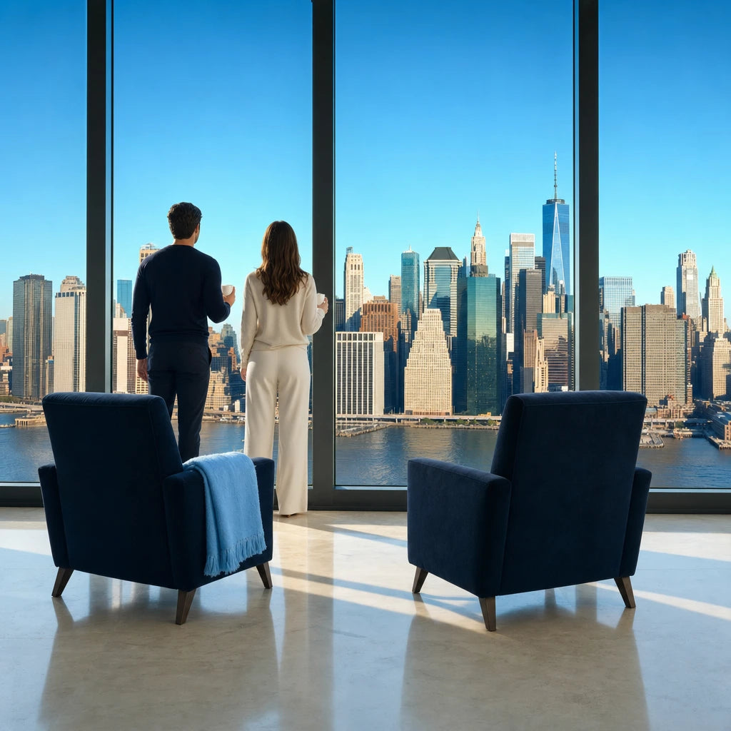 Two guests with coffee at a suite window overlooking the skyline, City Break experience gift