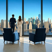 Two guests with coffee at a suite window overlooking the skyline, City Break experience gift