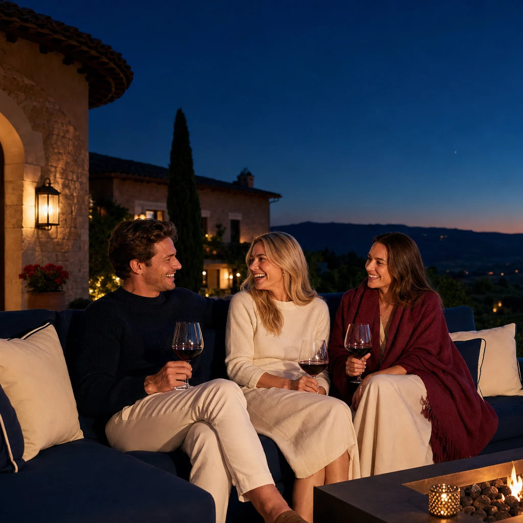 Three friends laughing over wine on a villa terrace at dusk, Friends Weekend experience gift