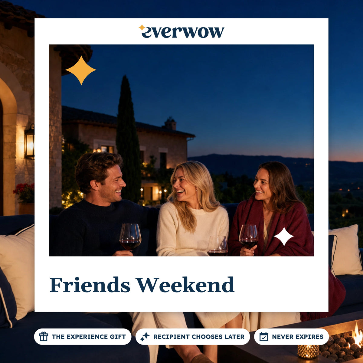Everwow Friends Weekend experience gift photo in a frame, friends with wine at dusk