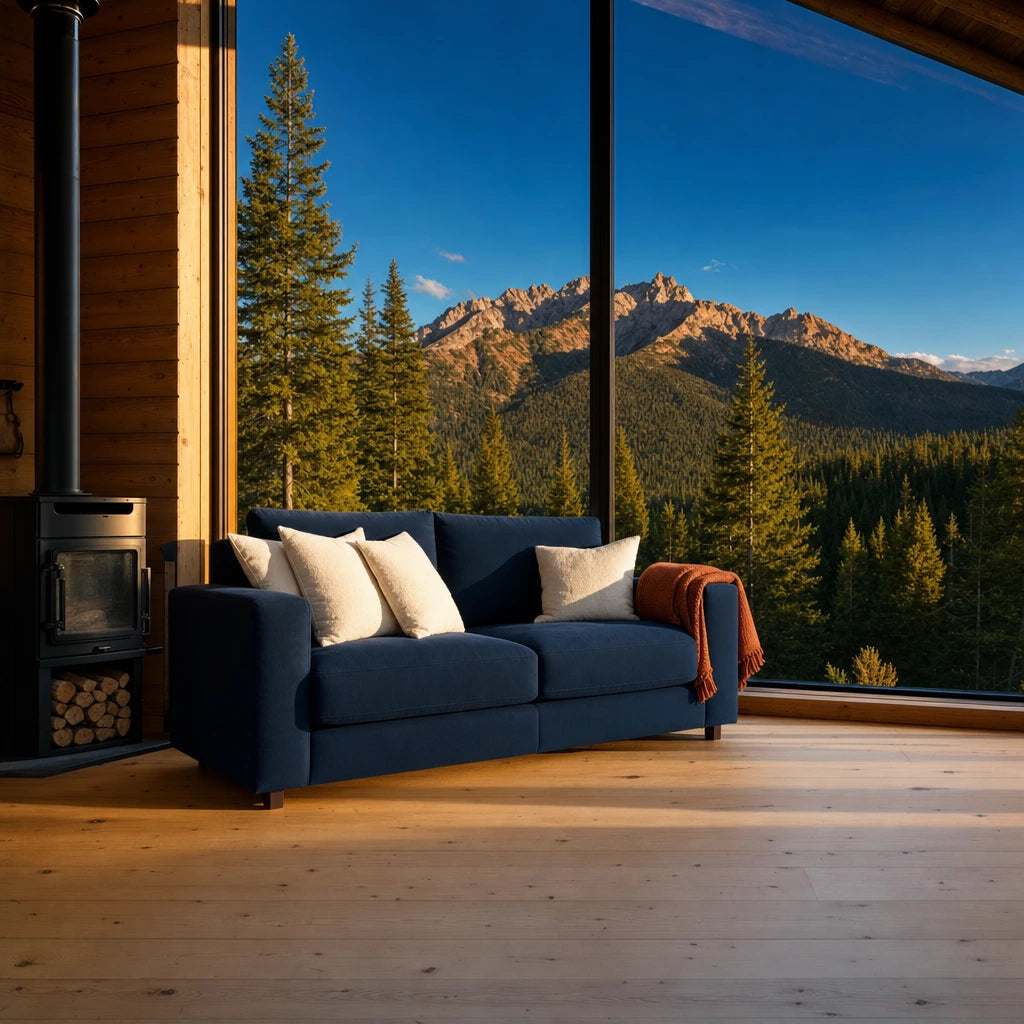 Remote cabin with a sofa at a tall window onto pines and a far ridge, Remote Recharge experience gift