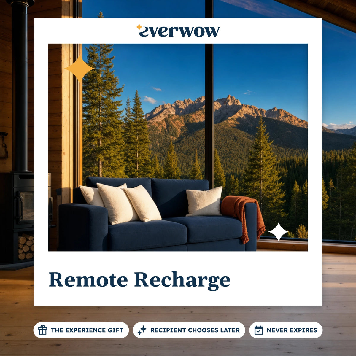 Everwow Remote Recharge experience gift photo in a frame, cabin window onto pines