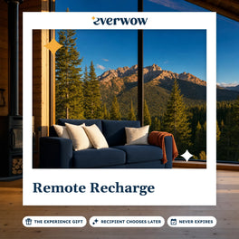 Everwow Remote Recharge experience gift photo in a frame, cabin window onto pines