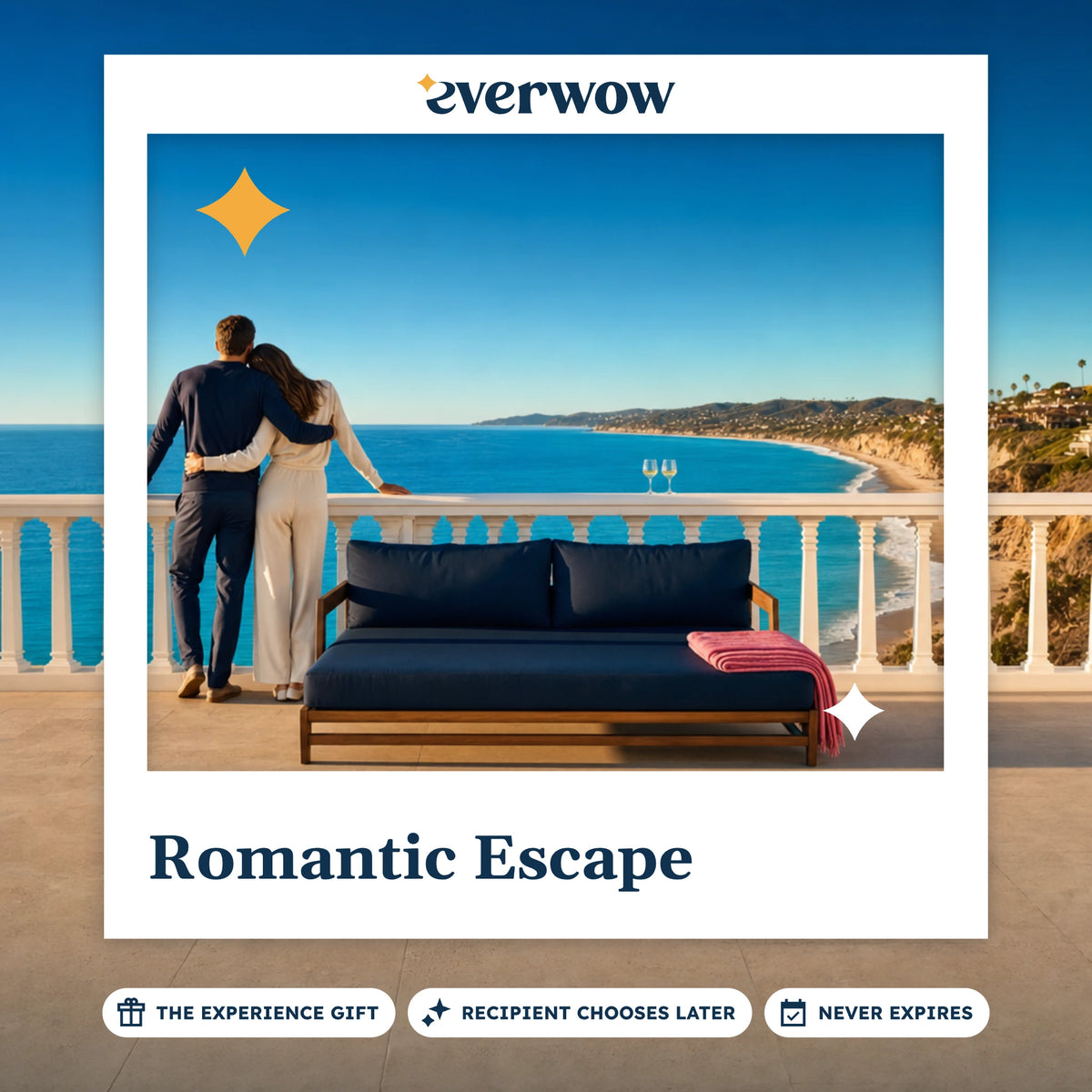 Everwow Romantic Escape experience gift photo in a frame, couple at a sea-view rail