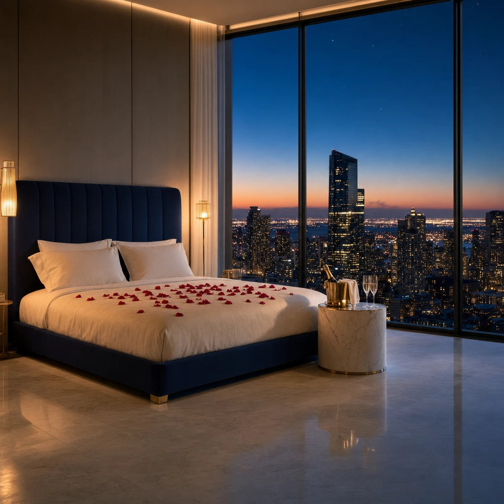 Luxe suite at dusk with rose petals on the bed and champagne over city views, Royal Treatment experience gift