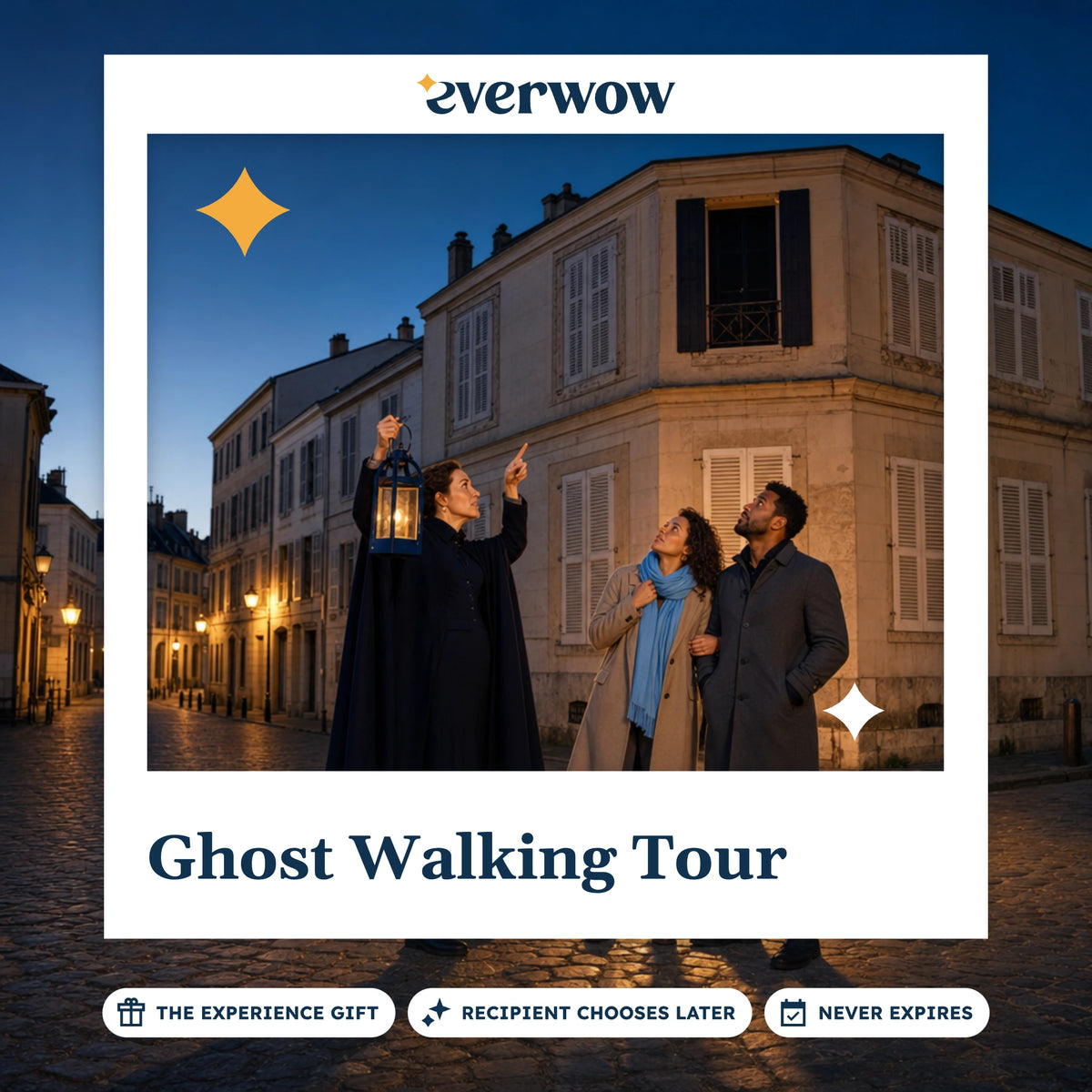 Everwow Ghost Walking Tour experience gift photo in a frame, lantern tour on a cobbled street