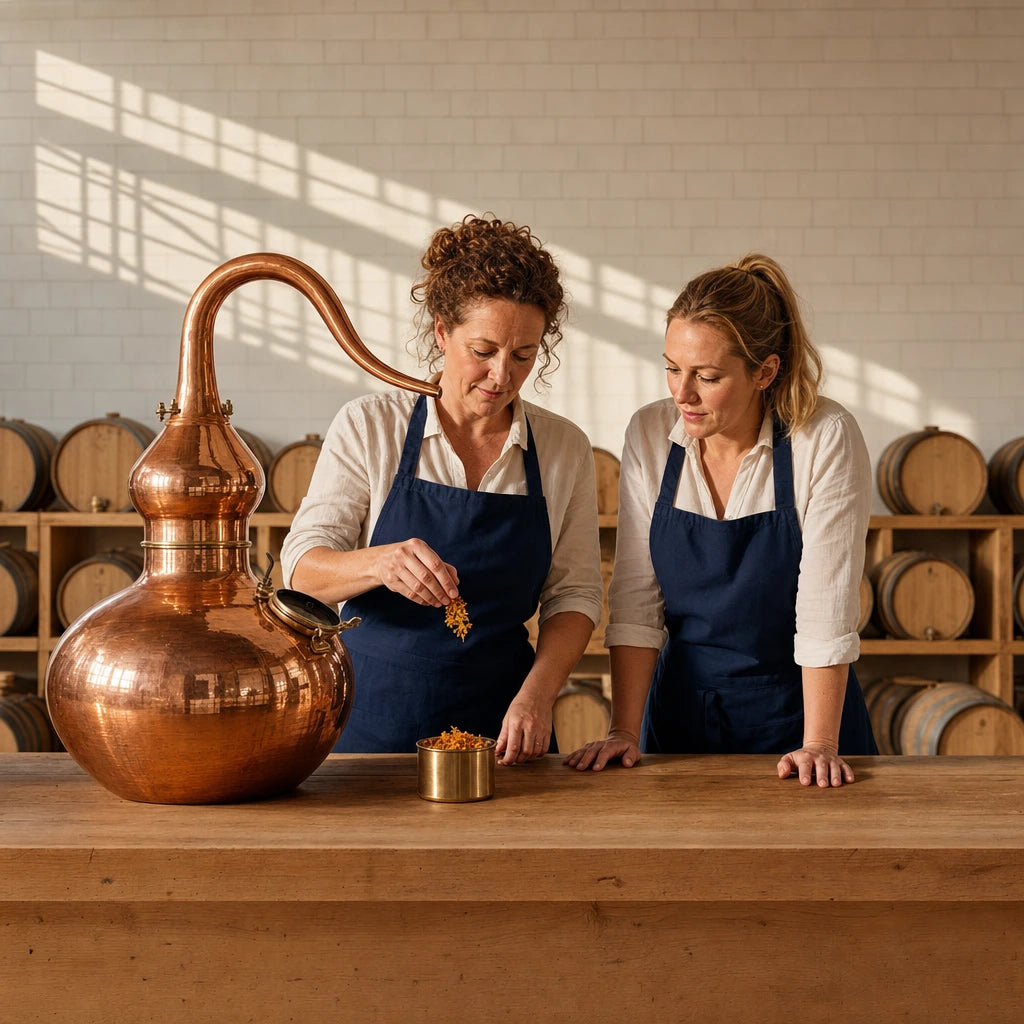 Distiller measuring golden botanicals beside a copper pot still, Gin Making experience gift