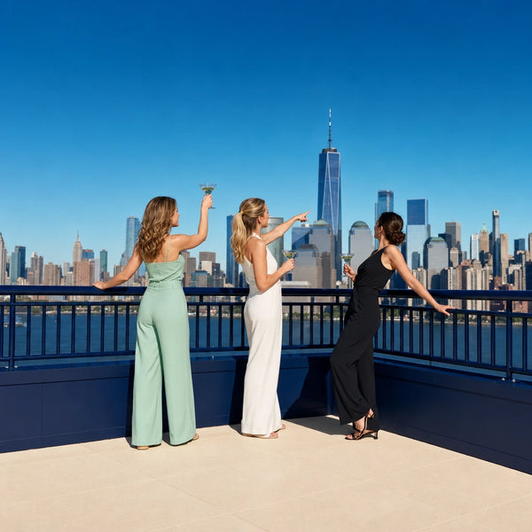 Three friends raising cocktails at a Manhattan rooftop, Girls Day Out in New York City Experience Collection experience gift