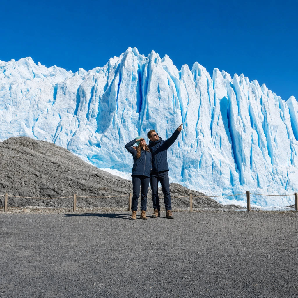 Couple gazing up at a towering blue-crevassed glacier face, Glacier Tours experience gift